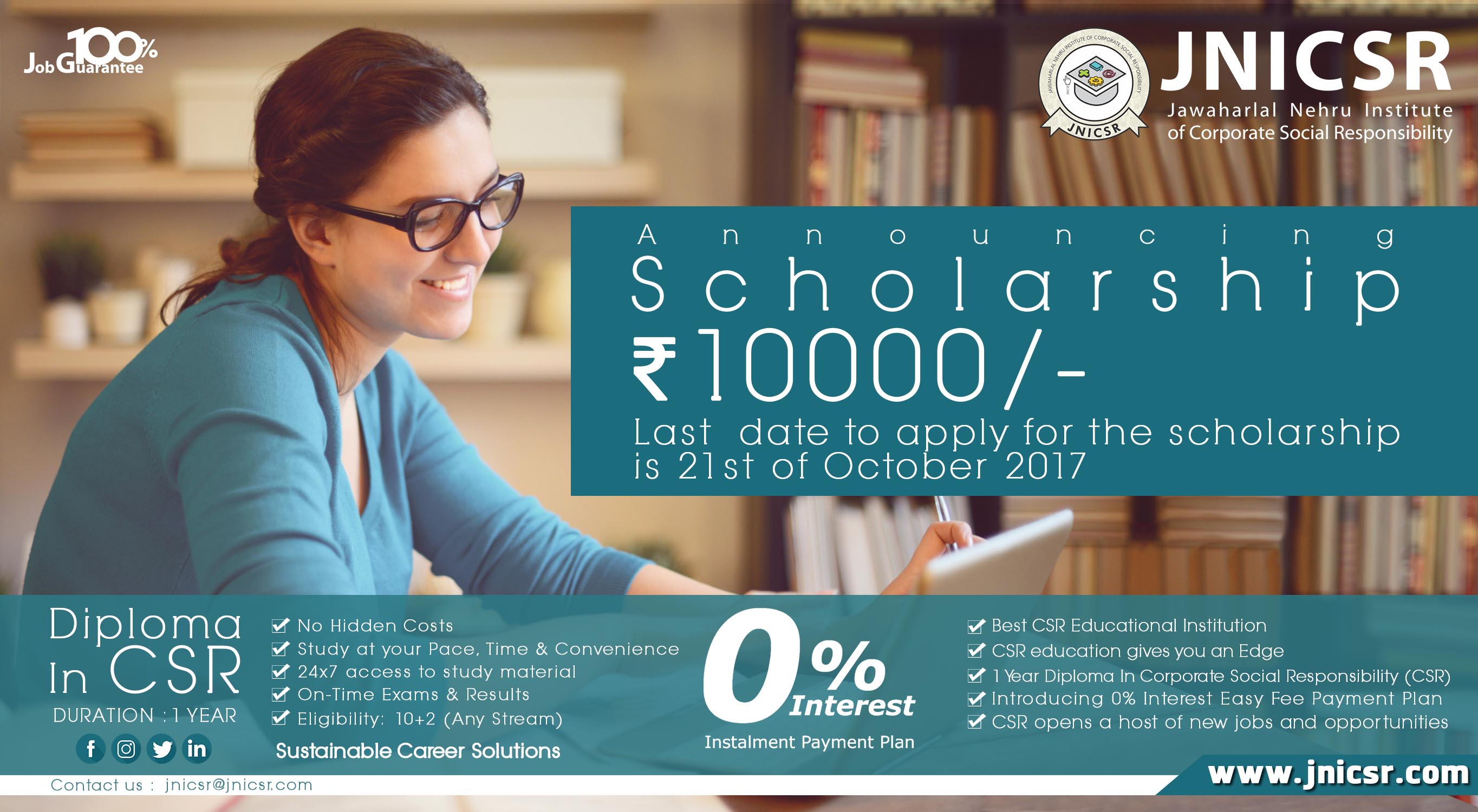 JNICSR is announcing the scholarship of ₹ 10,000 in association with Indira Gandhi National Open Education (IGNOE) for the Diploma of CSR